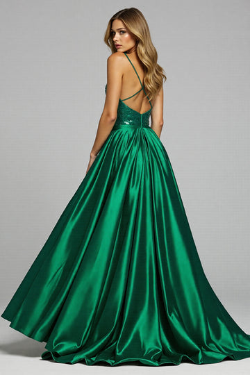 Sparkly Dark Green A Line Prom Dress With Slit